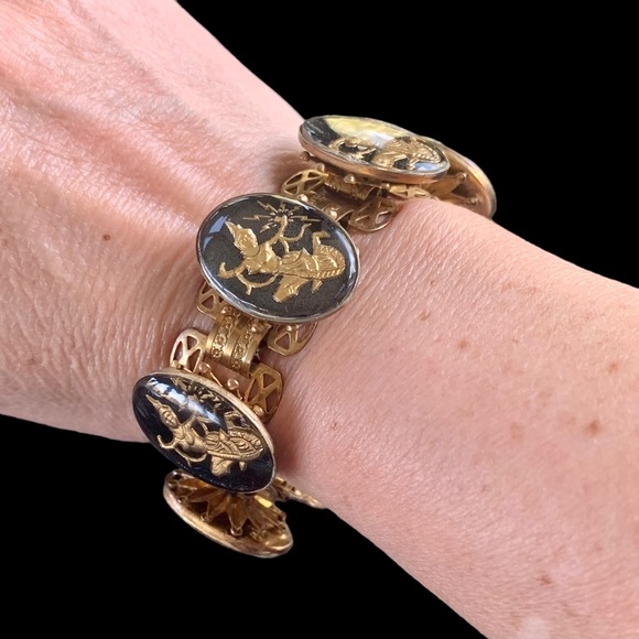 Black & Gold Panel Bracelet and Clip On Earrings Set Vintage Damascene Cabochons - Picture 5 of 11